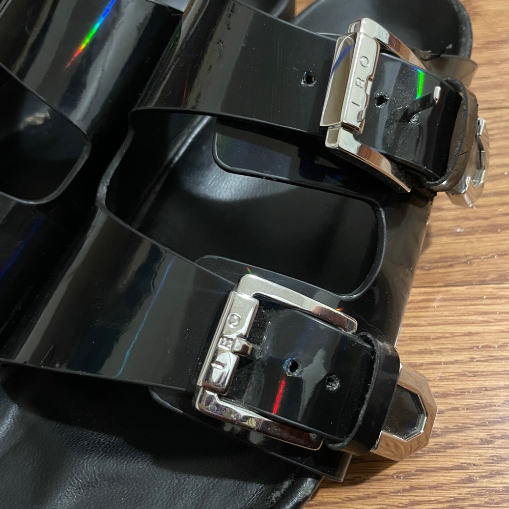 IRO Black Holographic Double Buckle Slide Sandals - Picture 2 of 3